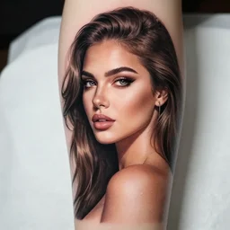 hyper realistic tattoo design of a very beautiful woman against a background of beautiful mountains and nature, in the style of den yakovlev, amazing detail, black and white