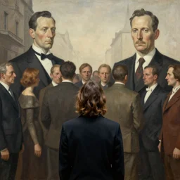 a person being shunned by a crowd by simon stalenhag and norman rockwell