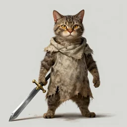 humanoid homeless cat wearing rags, wielding a broadsword, concept art, d & d, fantasy, trending on artstation