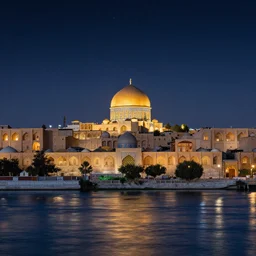 a view from the river of a dome - covered city resembling ancient baghdad at night with the sky full of stars, intricate, elegant, highly detailed, digital painting, artstation, concept art, smooth, sharp focus, colored illustration for tattoo, art by krenz cushart and artem demura and alphonse mucha,