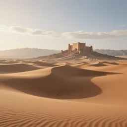 beautiful render of a desert landscape, unreal engine, first light, majestic dunes, mountains, thin clouds, big castle ruin, soft light, by greg rutkowski, cgsociety