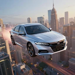 a honda accord flying above a city, 4 k, ultra detail, volumetric lighting, unreal engine, octane render, tom bagshaw, andreas rocha