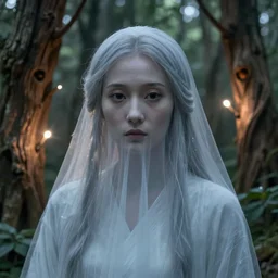a close up of the ghost lady with a wood spirit in the trees with will o the wisp, photorealistic, by jessica rossier, wlop, 4 k resolution