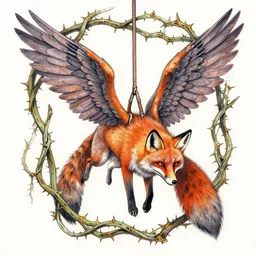 An absurdly-detailed Winged-Fox suspended in thorny vines, colored-pen drawing, vibrant fantasy painting