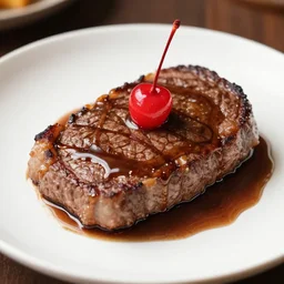 Delicious beef steak topped with syrup and a cherry as garnish