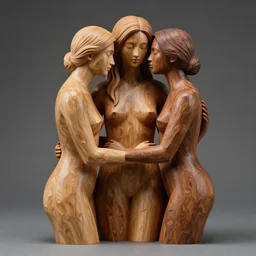 flowy wood sculpture of three beautiful androgynous polyamorous diverse people caressing