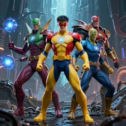 the x - men battle the avengers, redesigned by yasushi nirasawa moebius hr giger and alex ross, full figure action shot, alien world background, hdr, 8 k, octane render, volumetric lighting