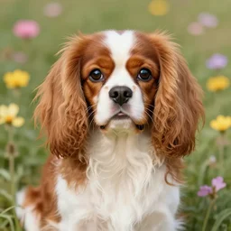 portrait of a cavalier king charles spaniel, fluffy and flowers, art by wlop