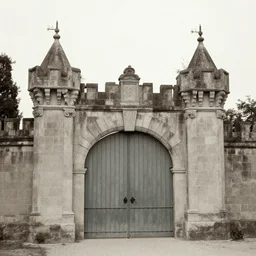 1950s castle gate . muted colors. by Jean-Baptiste Monge