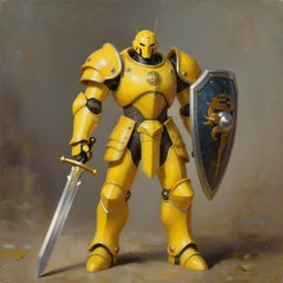 full body portrait of a yellow android wearing paladin armor and carrying a big sword and a huge heavy shield, by Roger Dean, by Anton Fadeev, by albert bierstadt, magical realism, oil on canvas, soft render, octane, artstation