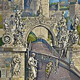 an old stone bridge with sculptures, a castle in the background, art by James Jean and Wayne Barlowe, high detail, cinematic, cgsociety 8k
