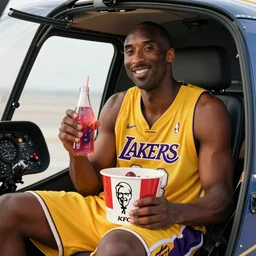 A photo of Kobe Bryant sitting in a helicopter cockpit and holding grape juice and a KFC bucket, hyper detailed, 8k resolution
