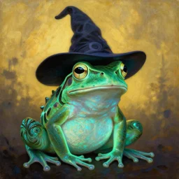 Bioluminescent, portrait of frog wearing wizard hat,  very intricate , trending on artstation , very elegant, in the golden hour by Daniel Merriam, Trending on Artstation, oil on Canvas by Elena Zhurikhina and Goro Fujita and Charlie Bowater, octane render, 4k, 8k, HD