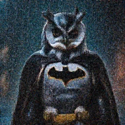 an owl in a batman costume at night, raining, dramatic lighting, badass, highly detailed, mega detailed,