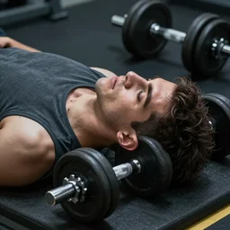 A guy is laying his head on a dumbbell , cinematic lightening, high quality, 8k , octane render