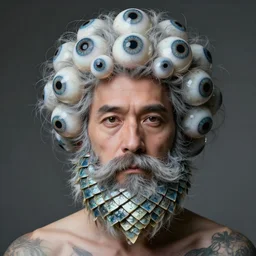 a portrait of a middle aged human with fish scale beard and eyeball hair, beard is made form fish scales, hair is made of eyeballs, eyeball hair fantasy art, concept art