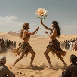 anthropomorphics fighting for life with a crowd of spectators watching, duunes desert medium shot, key art by craig mullins, bloom, dramatic lighting, cinematic, high details