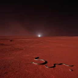 night on mars, red dust, snakes, dim distant light, towers