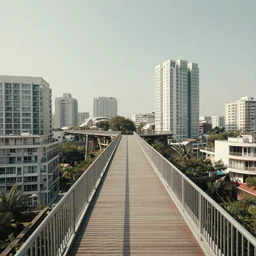 a medium wide shot of a utopian city walkway on top of buildings