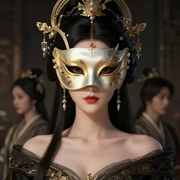 a full body portrait of a female with a mask, elegant, fancy dess, ornaments, highly detailed, beautiful, cinematic lighting, 2 d animate style, mesmerizing, 8 k hd, artstation, by hideyuki morioka, ito ogure, vofan, greg rutkowski, victo ngai, artgerm