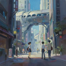 a photograph of a futuristic street scene, maximalist style, soft edges, finely detailed oil painting, impasto brush strokes, soft light, 8 k, dramatic composition, ambient lighting, sharp focus, octane render, masterpiece, by makoto shinkai and akira toriyama and hayao miyazaki