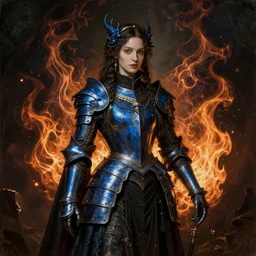 Gothic princess in dark and blue dragon armor. By fractal flame, Rembrandt painting (1667), highly detailded