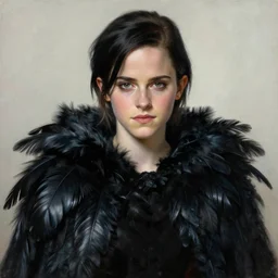 emma watson with very short black hair and a huge cloak made of black raven feathers. beautiful highly detailed face. beautiful painting by artgerm and greg rutkowski and raymond swanland