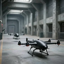 Black military quadcopters, in the wide hallways in a futuristic prison underground, brutalist liminal architecture, sigma 85mm f/1.4, 4k, depth of field, high resolution, 4k, 8k, hd, full color