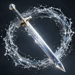 a legendary longsword engulfed in spiral of water streams, its handle is made out of crystals,