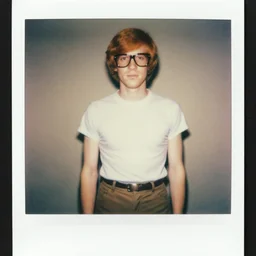photo from the 7 0 s of a medium haired redhead guy with a t - shirt and high pants, large glasses, polaroid