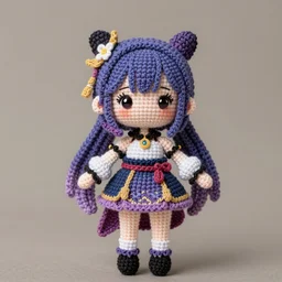 a crocheted doll version of keqing from genshin impact