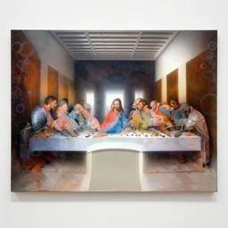 spray paint canvasat the contemporary art exhibition, multilayer last supper johannes itten and hiroshi nagai colors, wonderful gradient, pattern of escher style 3 6 0 panorama with hieronymus bosch style bubbles, contrast of light and shadows, unfinished, very detailed, 3 5 mm photo, photorealism
