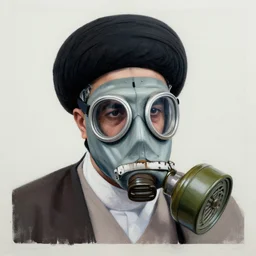 detailed 6 0 0 mm realistic photography of random iran ayatollah wear gas mask on the nuances of the human face and subtle shifts in tonal value, silhouette composition, neutral, cool - toned palette, fluid patterns, powerful composition, opaque paints, grid method.