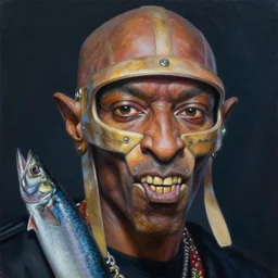 beautiful lifelike painting of mf doom armed to the teeth with herring, hyperreal detailed facial features and uv lighting, art by ed roth and basil wolverton