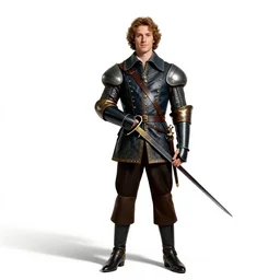 jovial musketeer with rapier, photorealistic portrait photography, full body, standing, isolated on a pure white background, centered, whole figure in frame, sharp focus, studio lighting