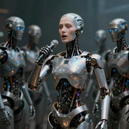 dystopian art, a human robot dictator delivering a propaganda speech to human robots