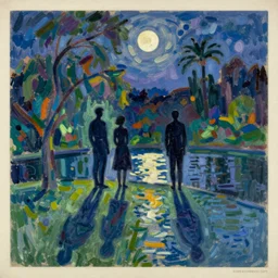 silhouetted figures in the night enshrouded in an impressionist representation of Mother Nature and the meaning of life by Edward Hopper and Igor Scherbakov, the figures cast their shadows on the still water, abstract colorful lake garden at night, the moon reflects in the water, thick visible brush strokes, figure painting by Anthony Cudahy and Rae Klein, vintage postcard illustration, a masterpiece of a grand scene