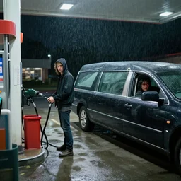 a late night trip to the gas station, rain pouring down as you stand outside in the empty parking lot, holding the nozzle to pump gas. suddenly, a hearse pulls up slowly next to your car, and when you glance over, all you can see is bright red eyes glaring at you from the driver ’ s seat