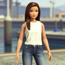 Asian doll woman posed by a dock, GTA V art style
