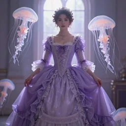 purple dress in the style of rococo ，Victorian era，jellyfish element，dreamy, soft ,Backlight ,luminescence，highly detailed,8k
