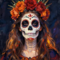 Illustration of a sugar skull day of the dead girl, art by theo van rysselberghe