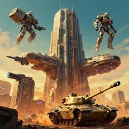 a gigantic cyberpunk brutalist building with lights hard surface military hardware digital movie camera shaped spaceship m1 tank pulse rifle plasma rifle floating in the sky, maschinen krieger, ilm, beeple, star citizen halo, edge of tomorrow, mass effect, transformers, elysium, warm saturated colours