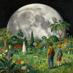 a garden on the moon, 8 k, lowbrow, in the style of martin johnson heade, roger dean and alexander jansson, artstation,