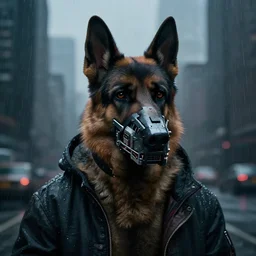 new york city portrait of furry anthro anthropomorphic german shepard head animal person fursona wearing clothes strange cybernetic muzzle gloomy rainy screenshot from the video game cyberpunk 2077 digital art by Greg Rutkowski, Simon Stalenhag, christopher nolan trending on Artstation, CGSociety