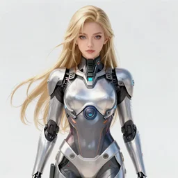a beautiful woman wearing a futuristic exoskeleton, blonde, long hair, pixiv, hyperrealistic