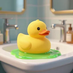 rubber duck made of green slime melting on a bathroom, octane render, unreal engine 5, excellent composition, trending on artstation, million of likes, ray tracing, cinematic lighting