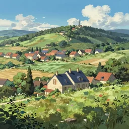 Very beautiful french countryside painting by City Hunter anime HD and Naïve Art HD and Toei animation backgrounds, nice lighting, soft and clear shadows, low contrast, perfect