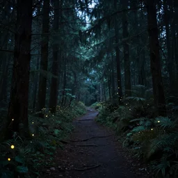 A path leading to a mystical creepy dark forest full of wonders and magic, scary pines, fireflies glow in the dark, magical atmosphere, trending on artstation, 30mm, by Noah Bradley