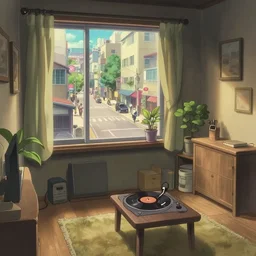 cozy apartment room with a view of a bustling city street, anime, from a studio ghibli movie, lofi playlist, cozy interior design