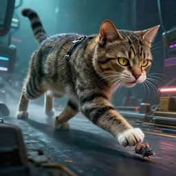 huge 🐈 hunting, by mark ryden in cyberpunk environment, 4 k ultra high resolution, cat chasing mouse, horror, long camera shot, tiny mouse fleeing